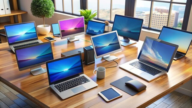 An Assortment Of Computers And Laptops In A Variety Of Sizes, Shapes, And Colors, Organized Systematically On A Cluttered Desk.