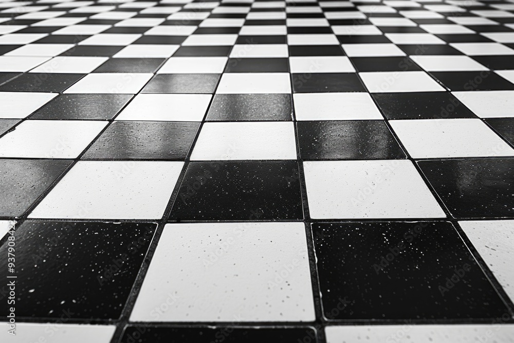 Poster a classic checkered floor design in black and white, suitable for various backgrounds and settings