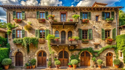 Ancient stone facade of a rustic Italian villa with ornate balconies, arched windows, and a terra cotta roof surrounded by lush greenery.