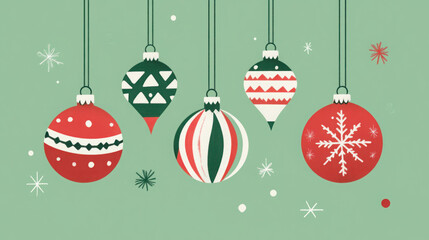 Christmas ornaments in red and green with patterns hanging on a mint green background, festive holiday illustration, horizontal