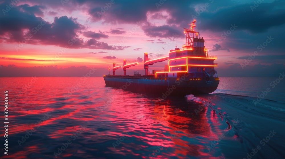 Poster a large boat floating on the surface of a calm lake or sea, suitable for use in scenes with outdoor 
