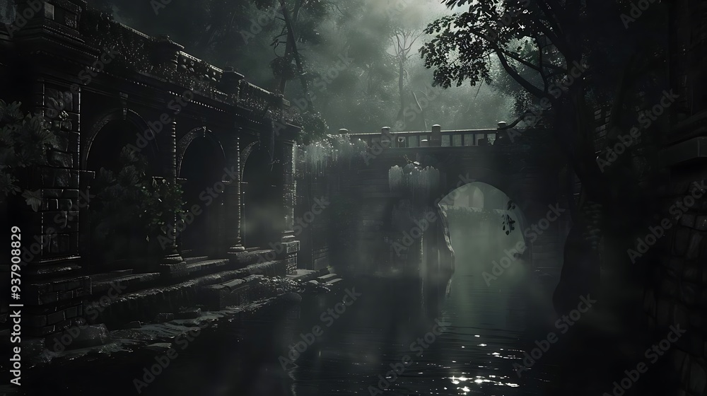 Sticker A misty, atmospheric scene featuring an old stone bridge and lush vegetation by a tranquil waterway.