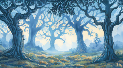 Haunted forest, eerie mist and ancient trees, ghostly atmosphere, watercolor illustration