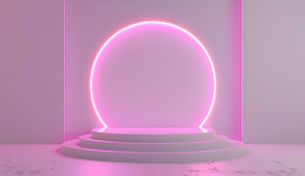 abstract white glowing light background with empty podium scene and neon line ring for product presentation. Minimal geometric platform mockup in pastel colors in the style of product presentation.