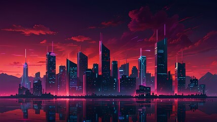 Synthwave style of a futuristic city, cityscape with neon lights and sky, red and purple colors.