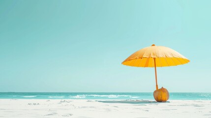 Tropical beach concept made of coconut fruit and sun umbrella. Creative minimal summer idea. 