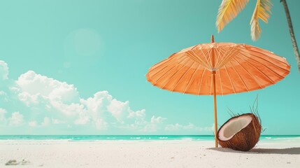 Tropical beach concept made of coconut fruit and sun umbrella. Creative minimal summer idea. 