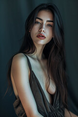 Fototapeta premium A woman with long hair and a black tank top is posing for a photo