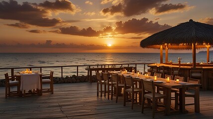 Fototapeta premium Tropical summer sunset beach bar background. Outdoor restaurant, Led light candles and wooden tables.