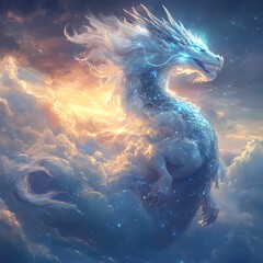 Radiant Celestial Dragon Ascending Through Twilight Skies in Digital Painting