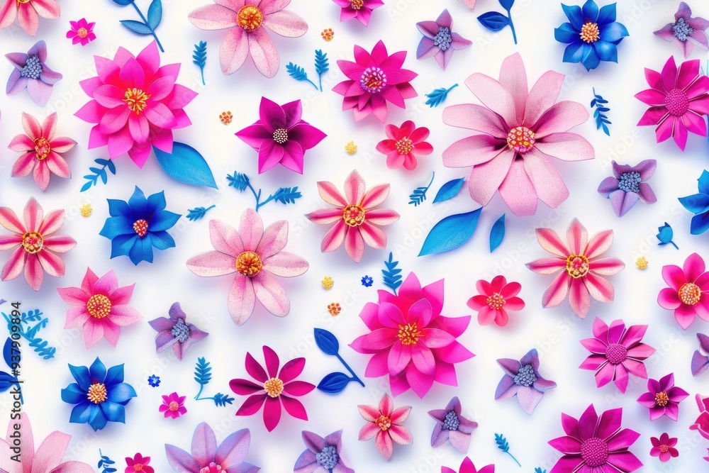 Poster a collection of colorful paper flowers arranged on a white background