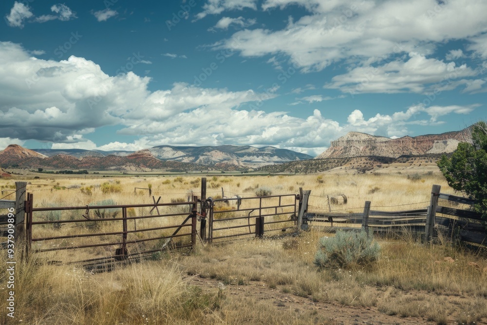 Poster a wooden fence in a green field with mountains visible in the distance