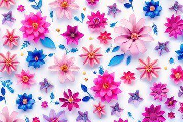 A collection of colorful paper flowers arranged on a white background