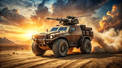 A rugged, armored military vehicle with massive wheels and machine gun turret patrols a dusty, sun-baked desert landscape in a dramatic, high-contrast scene.