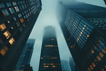 Foggy day in New York City, skyscrapers with glass facades, cloudy sky, gray color scheme, skyscraper architecture