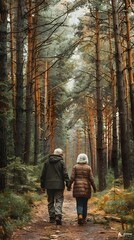 Fototapeta premium Elderly Couple Exploring Serene Forest Trail Holding Hands in Nature s Embrace