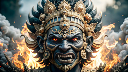 3D Ravana Mask and Flames concept as Abstract vector of Ravanas mask with flames surrounding it isolated on a white background symbolizing the fiery nature of the villain in the Dussehra festival with