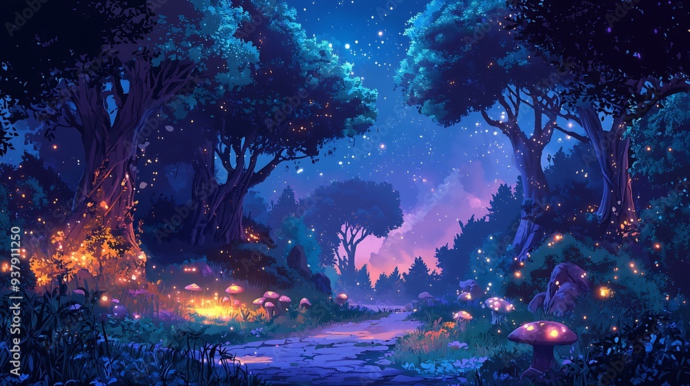 Poster magical forest path at night with glowing mushrooms and fireflies, creating a vibrant and mystical r