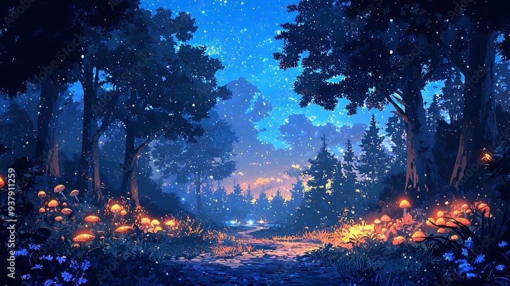 Poster magical forest path with glowing mushrooms and starry night sky, creating a vibrant and mystical rep