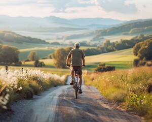 Fototapeta premium Retired Cyclist Exploring Scenic Countryside Road for Healthy Leisure