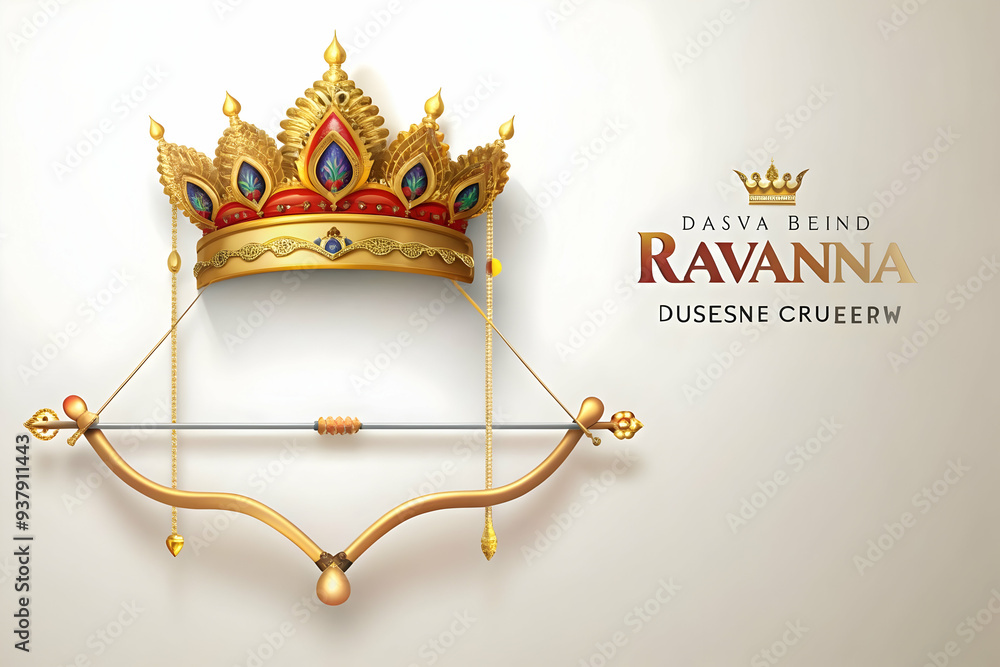 Poster 3d ravanas crown and bow frame concept as vertical frame with ravanas crown on the top left and a bo
