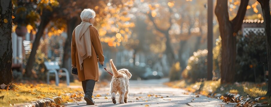 Senior woman walking her dog on a sunny autumn day in the neighborhood