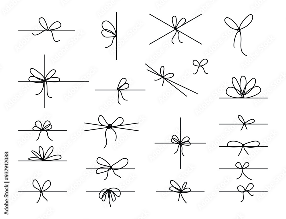 Aufkleber line bows on ribbon. bow on string set for box and decoration design. simple outline bowknot