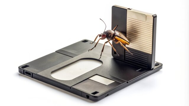 A small insect sits atop a vintage floppy diskette, symbolizing technological glitches and computer errors, against a crisp white background with high contrast.