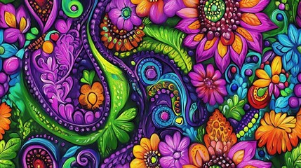 seamless pattern, Vibrant floral pattern with intricate designs in purple, orange, and green. Perfect for artistic projects and colorful backgrounds.