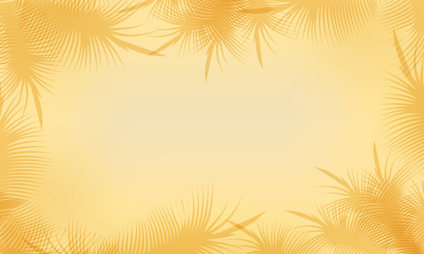 Tropical background in warm sand shade with palm leaves silhouettes on the frame