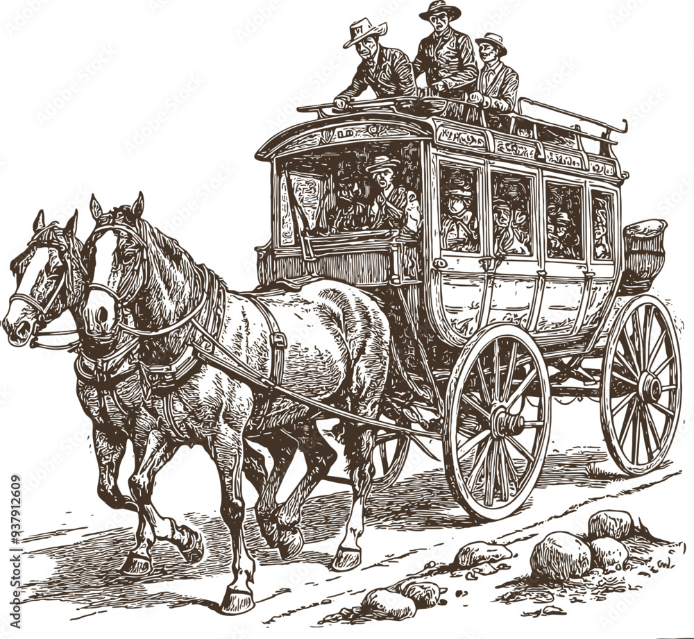 Wall mural stagecoach. wild west era. engraving style.