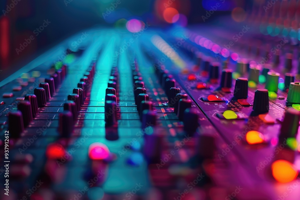 Poster A close-up shot of a sound board in a recording studio, showing the various controls and equipment