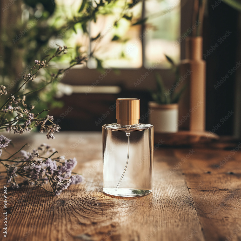 Canvas Prints mock up beautiful empty white eau de toilette bottle on wooden table, ai generated images