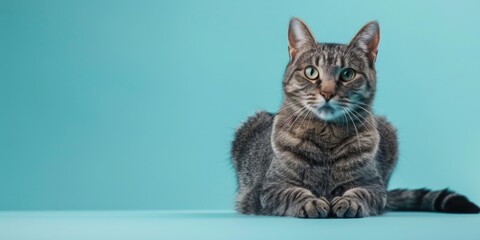 Obraz premium A domestic cat sits comfortably on a bright blue surface