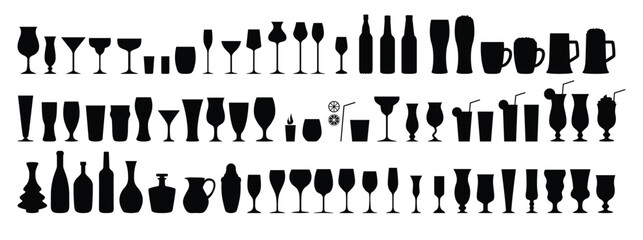 Silhouettes various alcohol cocktail glasses bar set. Black Isolated Glasses of wine, glasses of beer, bar bottles and shot glasses