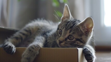 A small kitten is lying down in a cardboard box on the floor