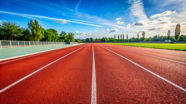 A solitary white lane dividing line stretches across a vibrant red rubber running track in a sunny outdoor athletic stadium.