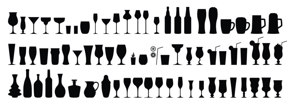 Silhouettes various alcohol cocktail glasses bar set. Black Isolated Glasses of wine, glasses of beer, bar bottles and shot glasses