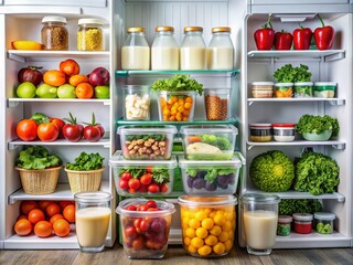 Assadorted fresh fruits, vegetables, dairy products, and leftovers are neatly organized and stored in a mix of transparent glass and colorful plastic containers in a modern refrigerator.