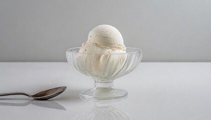 A Sleek Glass Bowl Cradling a Perfect Scoop of Creamy Vanilla Ice Cream with Visible Swirls, Elegantly Placed on a Flat Surface, Ideal for Showcasing Dessert Delicacy and Culinary Presentation