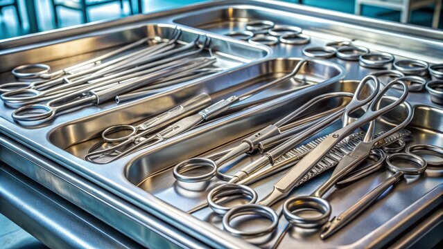 Assorted stainless steel surgical instruments, including forceps, scissors, and clamps, laid out on a sterilized tray, ready for use in an operating room environment.