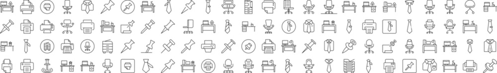 Office Line Icon Set. Modern Collection for Design, Web Sites, Apps, Cards. Contains Linear Images of Push Button, Tie, Workspace