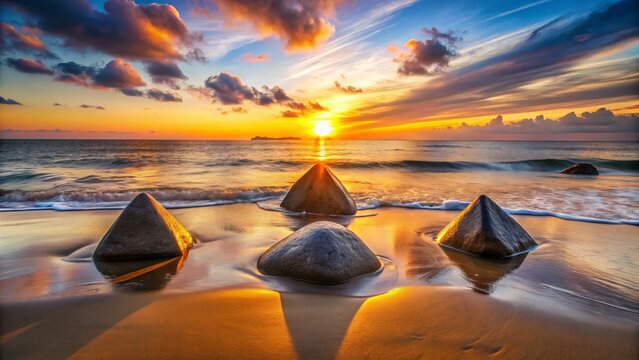 A symmetrical triangle formed by three rocks on a serene beach at sunset, with gentle waves and a warm orange glowing sky in the background.