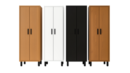 four storage cabinets in different colors arranged separately isolated white or transparent background
