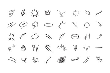 Doodle hand drawn cute cartoon expression sign. Line curve arrows, emoticon elements, symbols