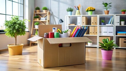 A tidy cardboard box filled with neatly packed household items, labels and markers at the ready, against a clean and organized room backdrop.
