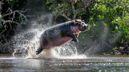Fototapeta premium A dynamic hippo in a mid-air leap over a river, water splashing dramatically below