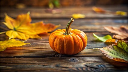 A tiny, bright orange pumpkin with green stem and vine, sits alone on a rustic wooden table, surrounded by fallen autumn leaves and soft natural light.