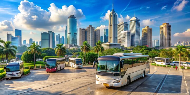 A tourist bus parked at a bustling terminal, with blurred background and sharp focus on the bus, capturing a moment of travel in a vibrant Indonesian cityscape.