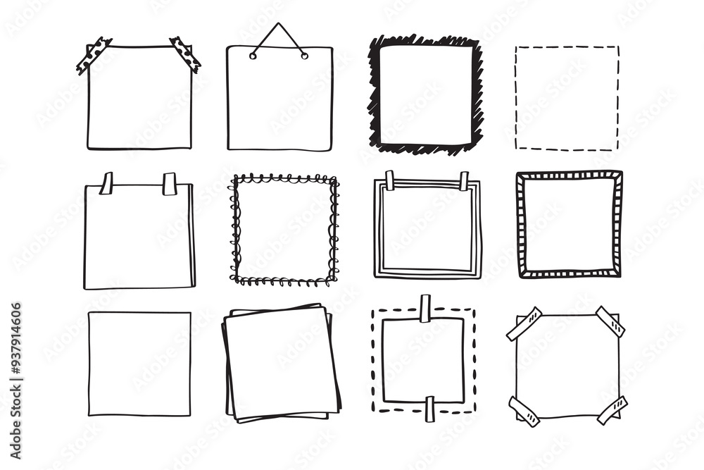 Poster handdrawn set of square scribbles frame. doodle line empty frames